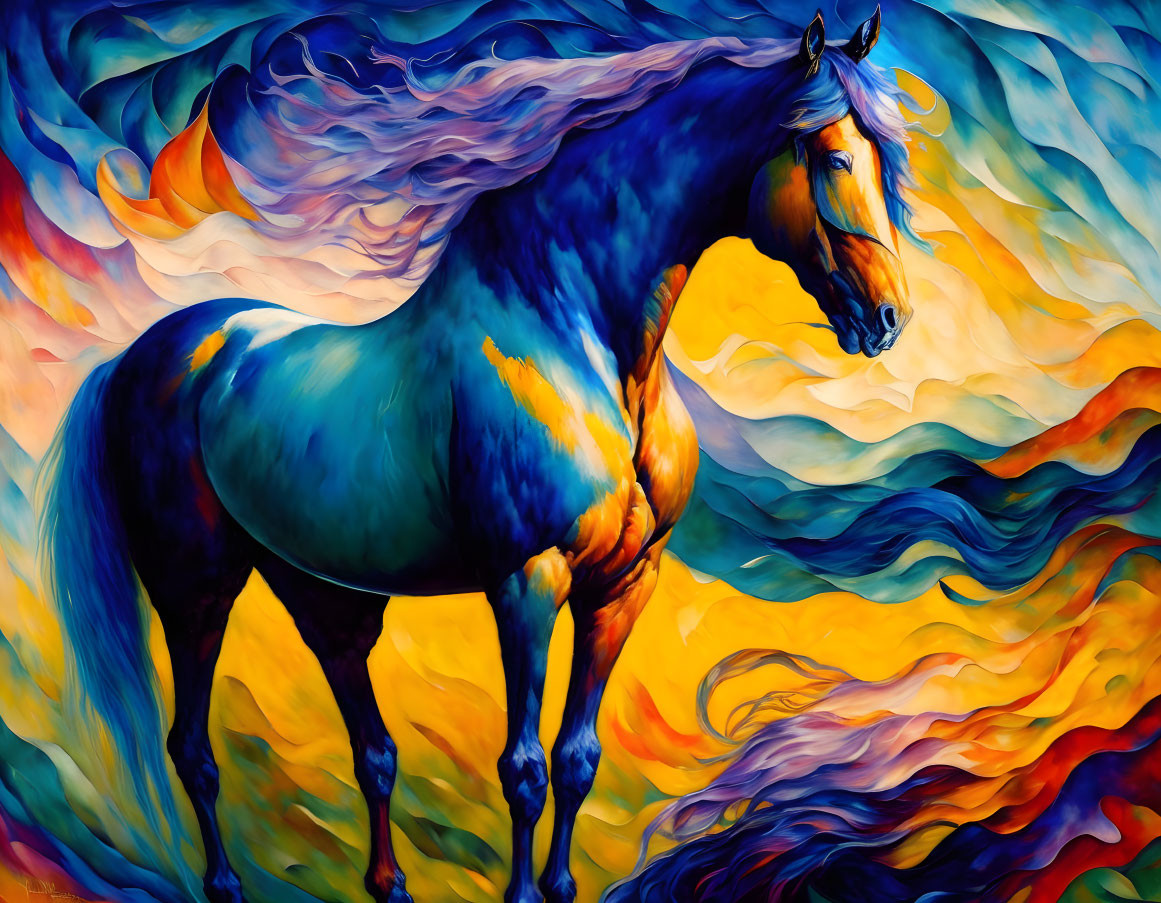 Colorful Horse Painting with Fiery Oranges and Blues