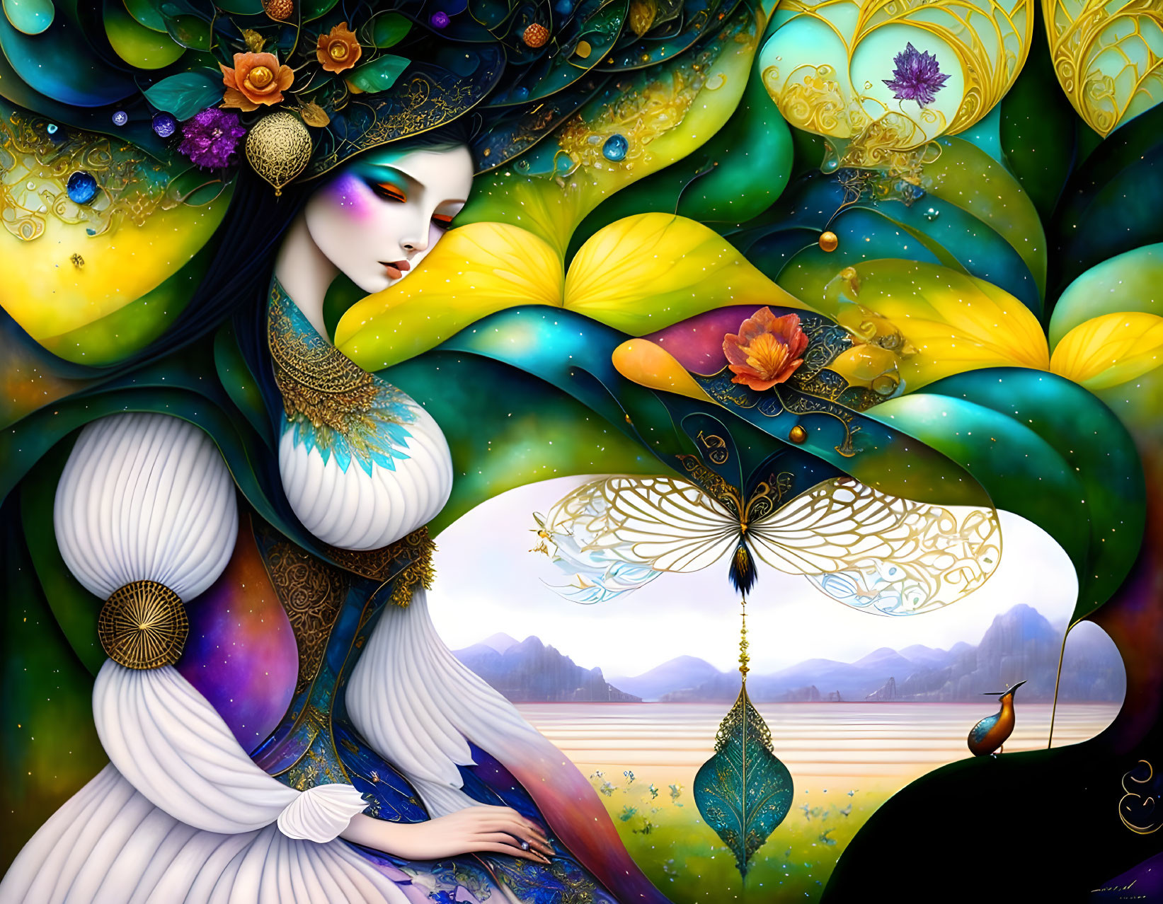 Colorful artwork of a woman with flowing hair, flowers, butterfly, and bird in scenic setting