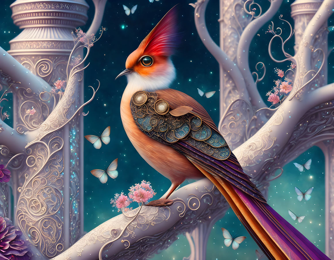 Colorful bird with mechanical parts in whimsical scene