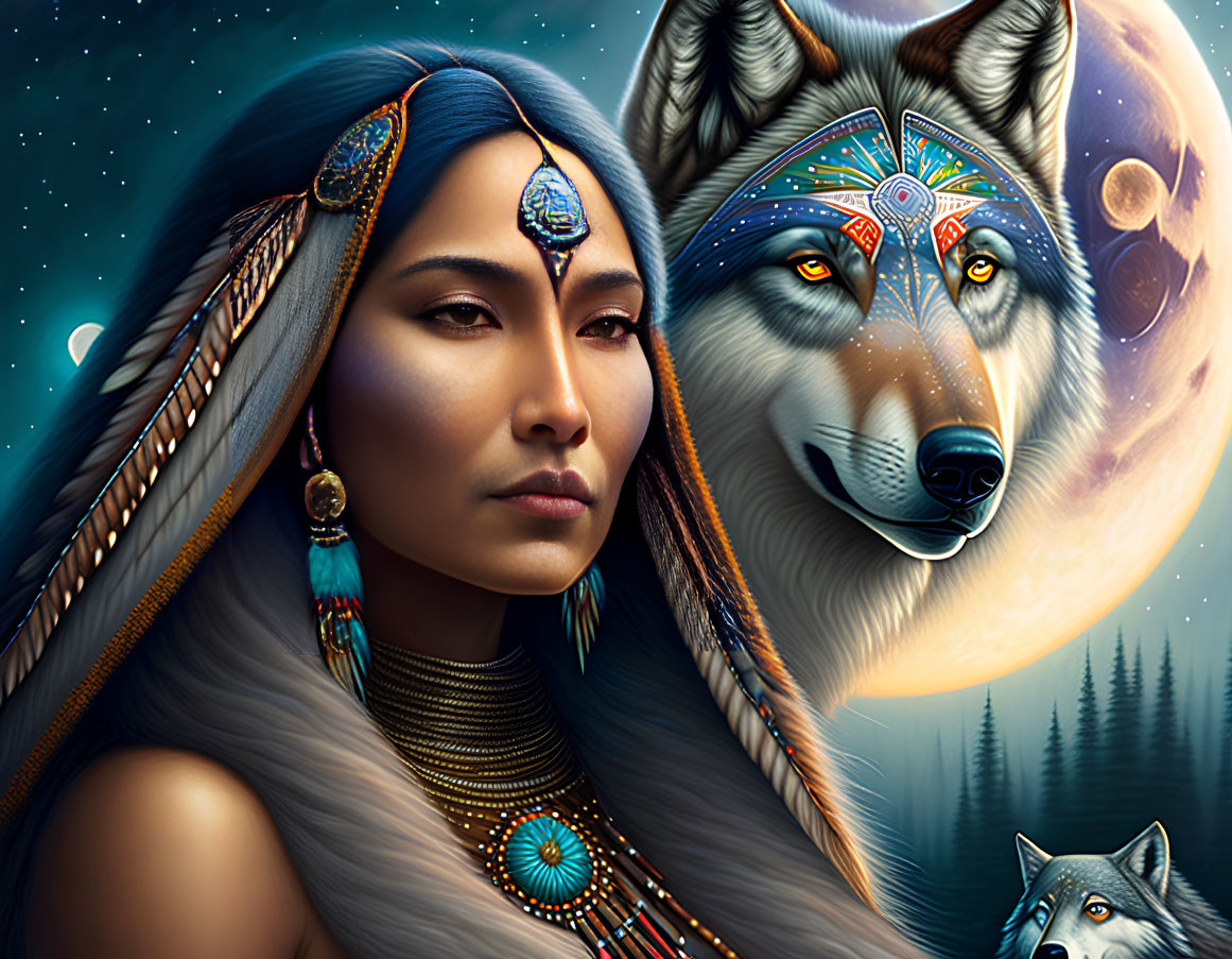 Digital artwork: Woman with Native American features and mystical wolf under starry night sky