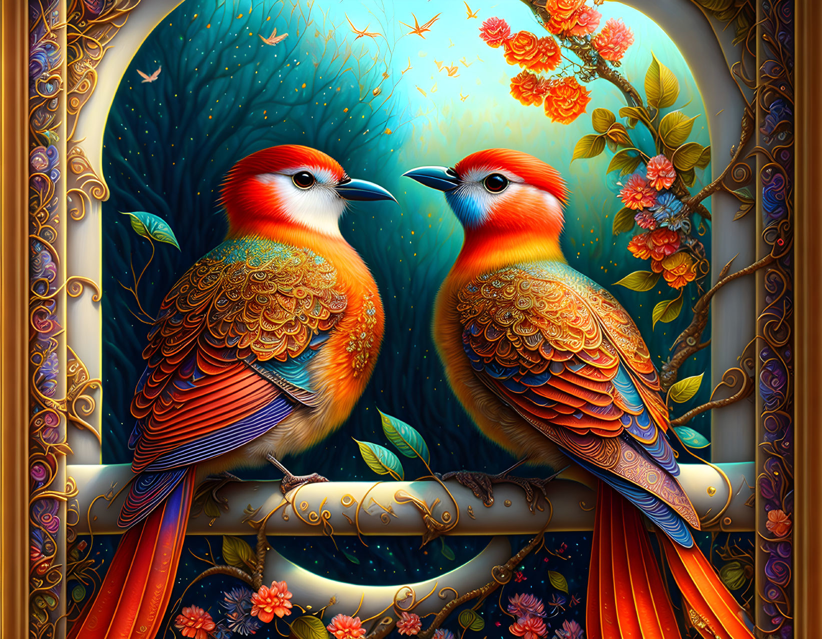 Colorful digital art featuring two birds among flowers and gold outlines