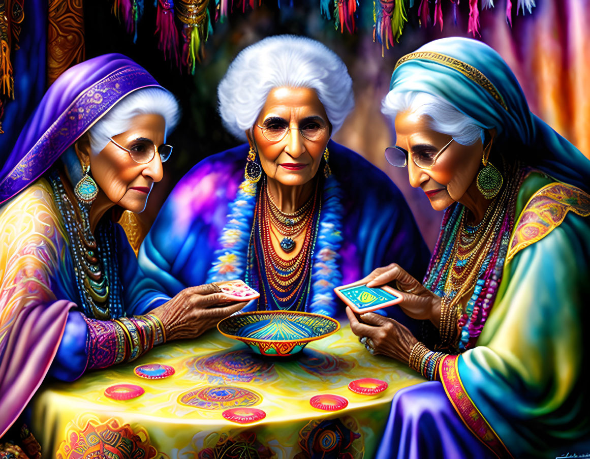 Elderly women in traditional attire playing card game