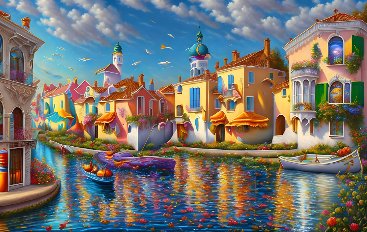 Colorful Canal Scene with Buildings, Boats, Flowers, and Heart Sculpture