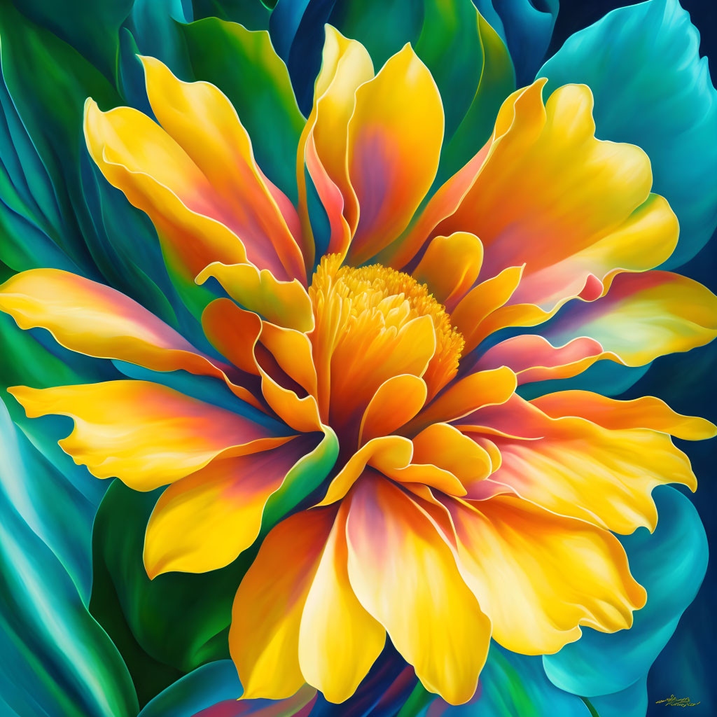 Colorful painting of large yellow flower with orange tips on blue-green foliage