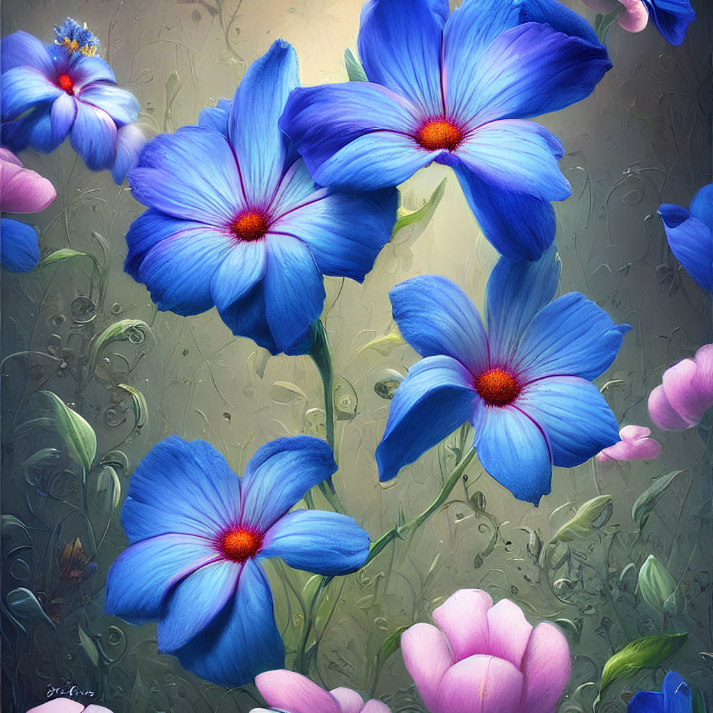 Blue and Red Flower Image with Water Droplets and Pink Blossoms