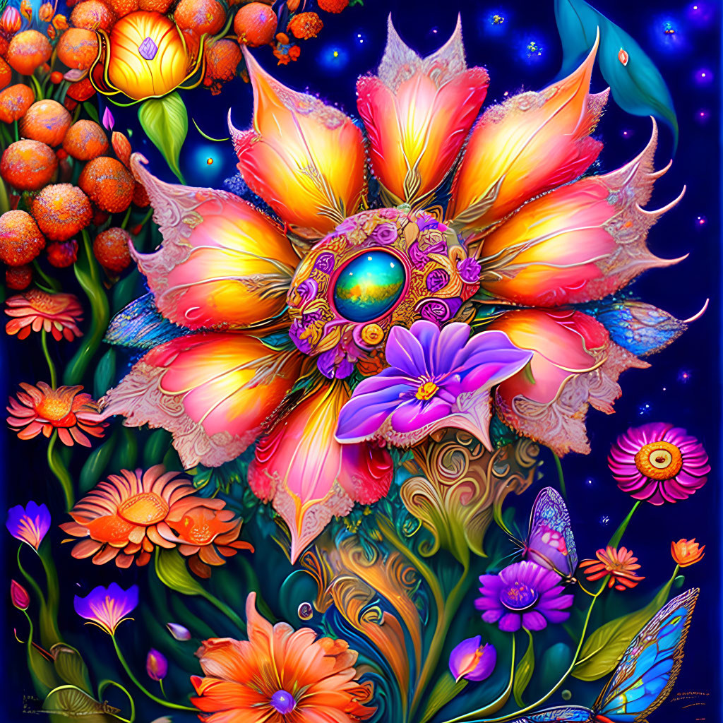 Fantasy floral scene with glowing flowers, orbs, and butterfly on starry night.