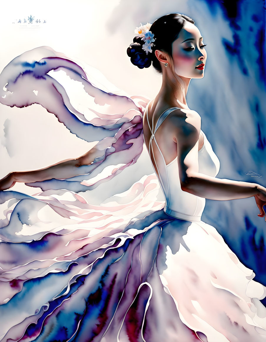 Graceful ballerina with flowing gown in dreamy background.