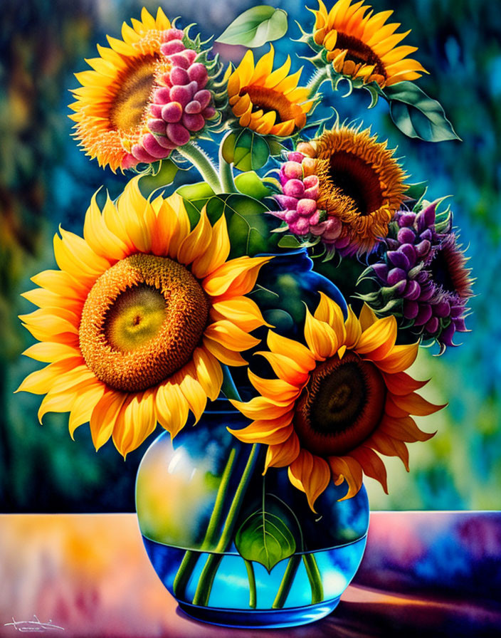 Colorful Sunflowers and Purple Flowers in Blue Vase on Multicolored Background