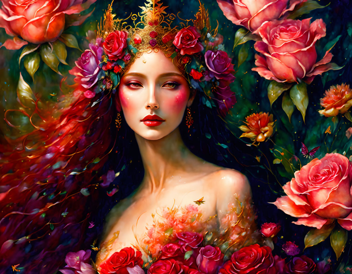 Regal woman with red hair, golden crown, and vibrant roses