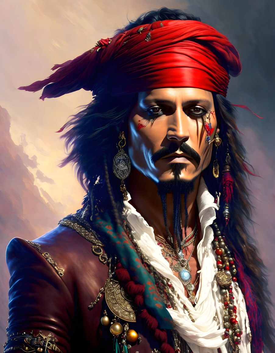 Illustration of a fictional pirate with red headband and jewelry against brooding sky.