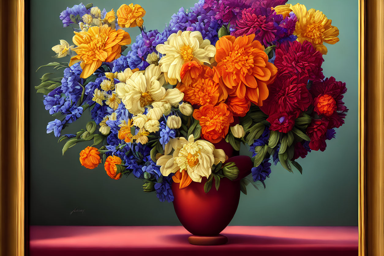 Colorful Flower Bouquet in Red Vase on Green Background