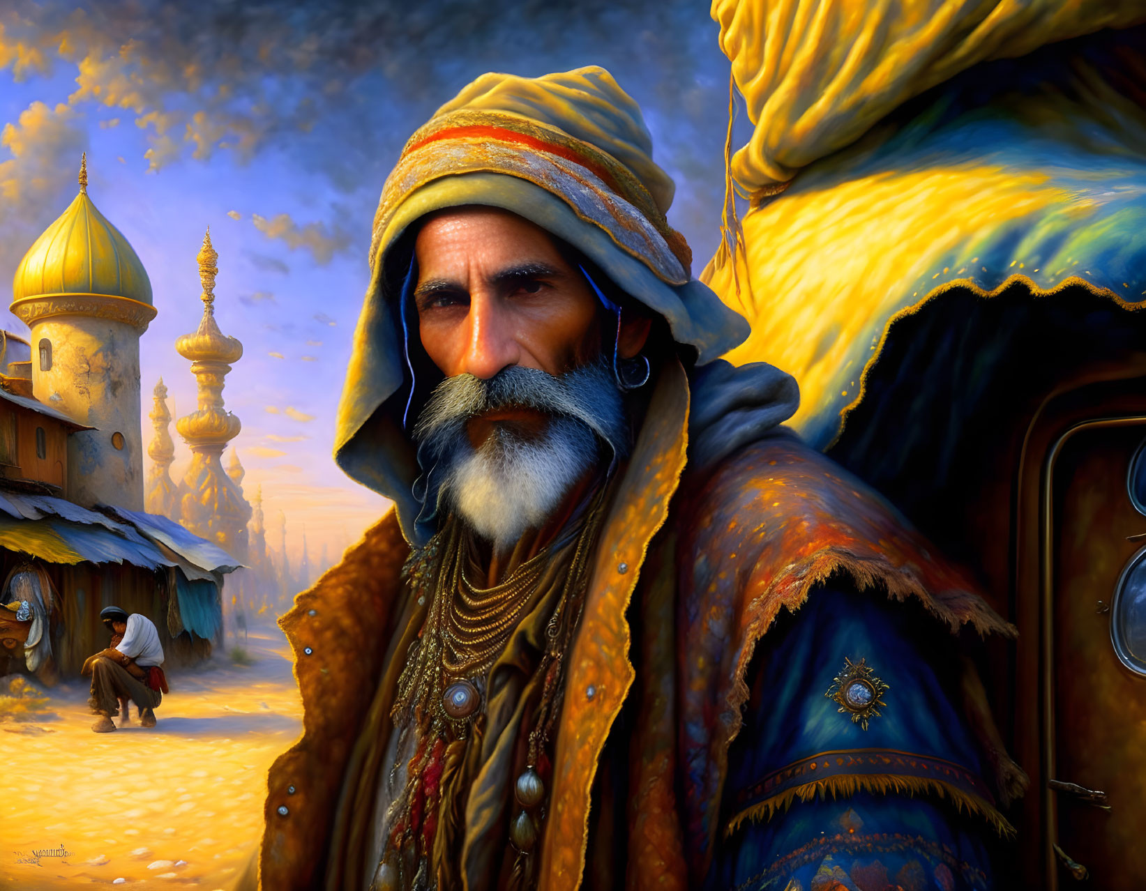 Detailed Artwork: Bearded Man in Middle Eastern Attire with Golden Bazaar Backdrop