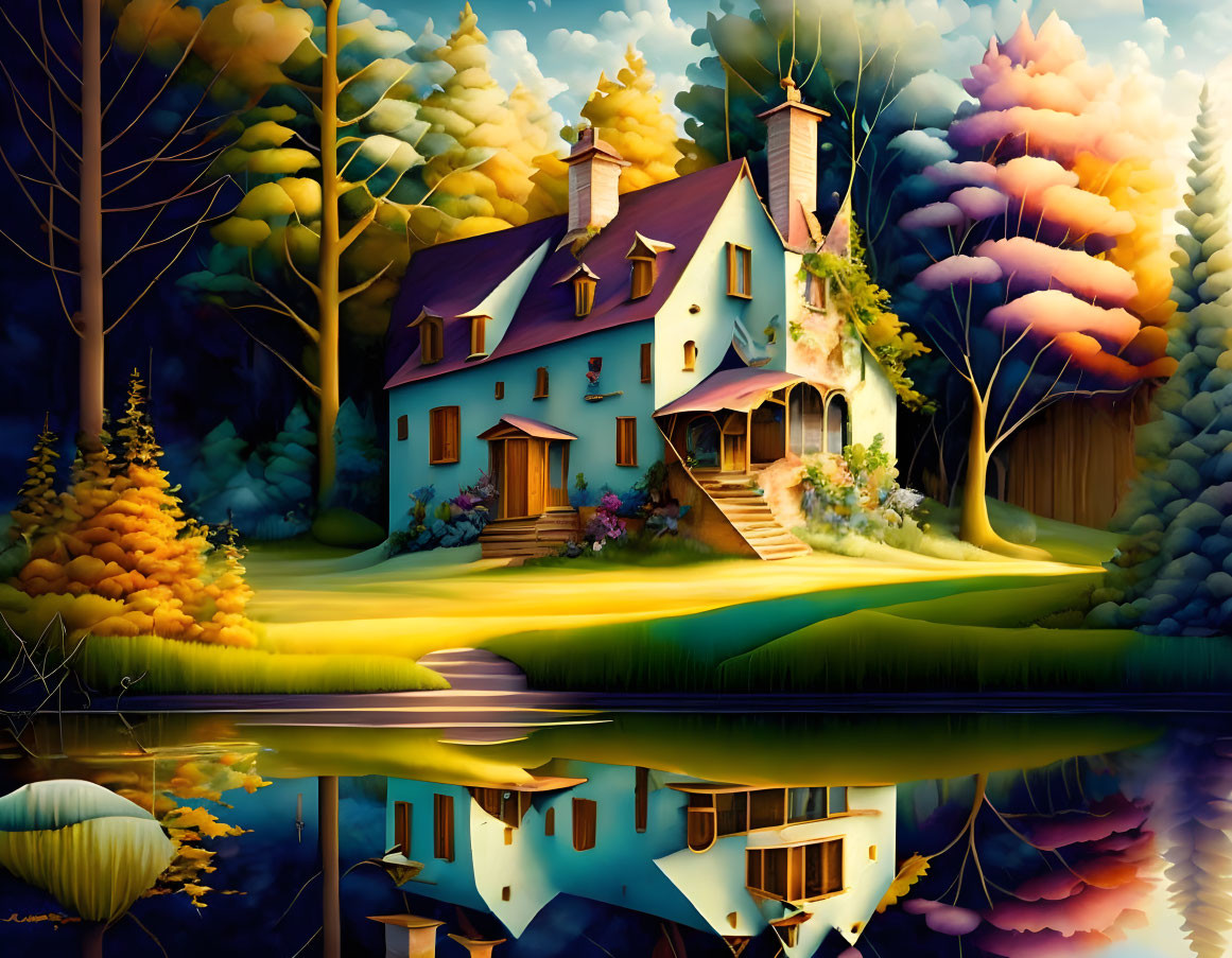 Whimsical cottage with colorful trees and serene pond