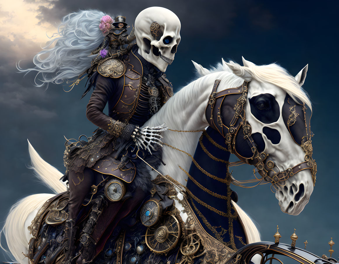 Skeletal figure in black and gold armor on white skeletal horse under dramatic sky