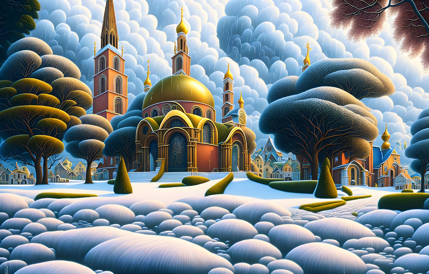 Whimsical landscape with cathedral-like building and vibrant colors