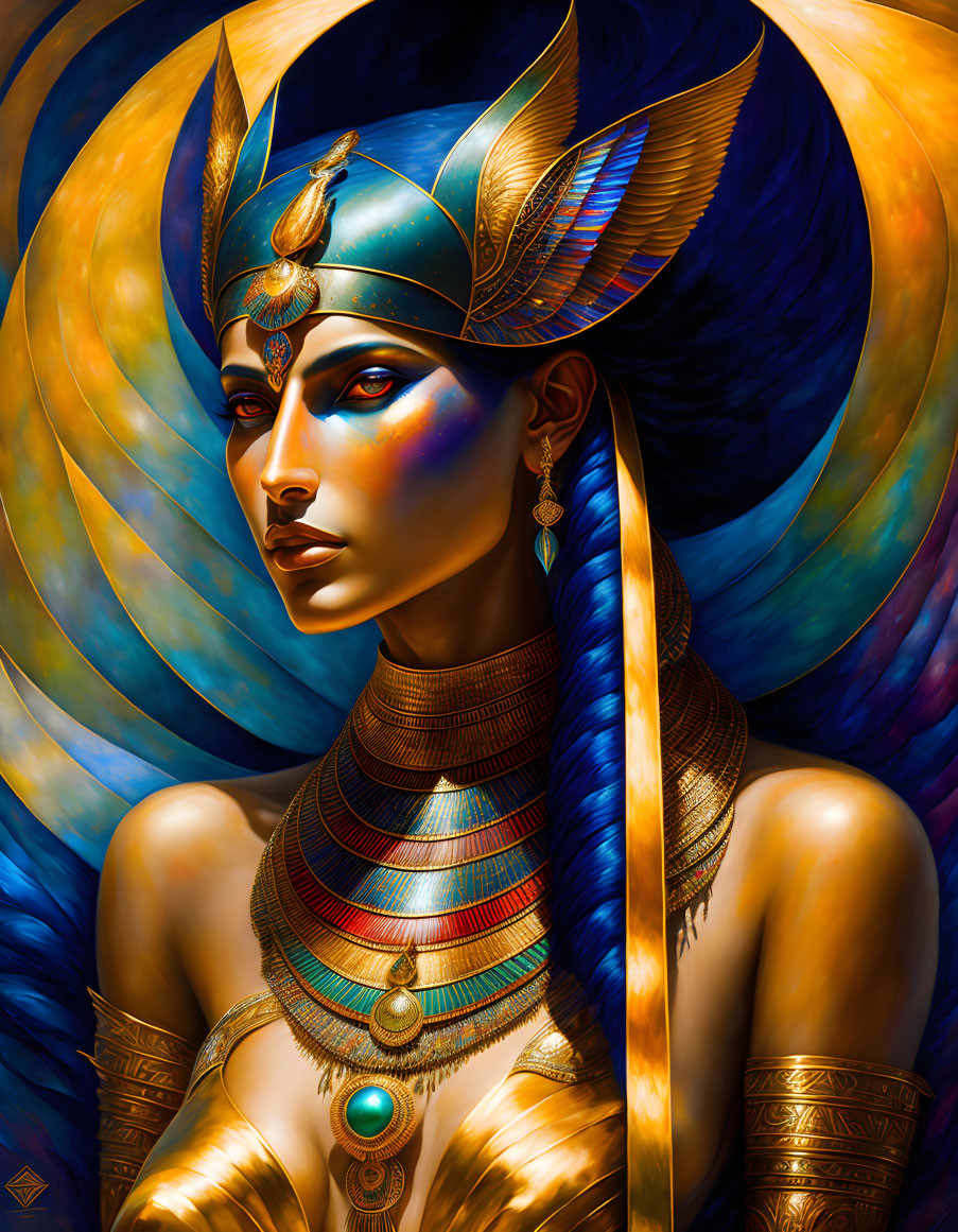 Regal figure in Egyptian-style headdress with vibrant blue and gold color palette