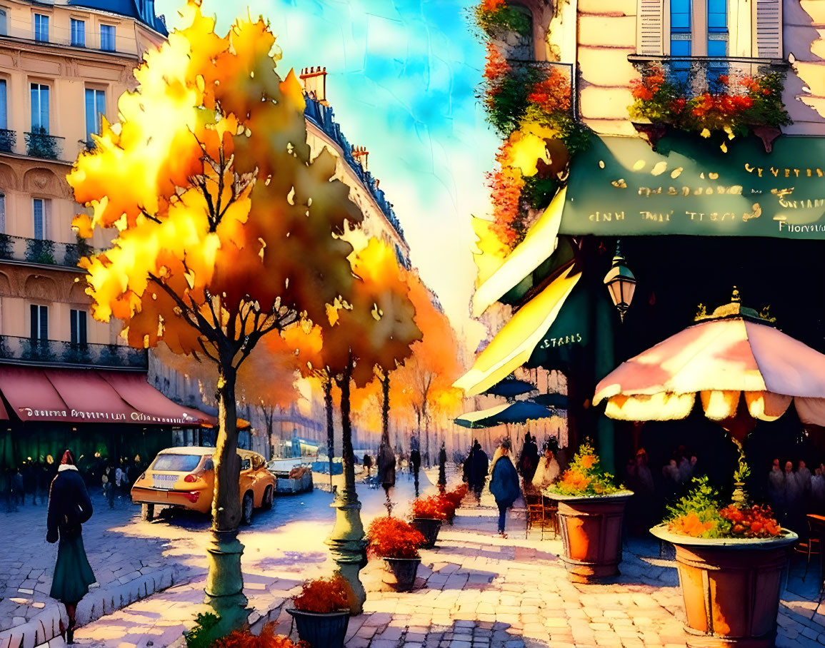 Autumnal street scene with people, cafes, classic car, and glowing sunset