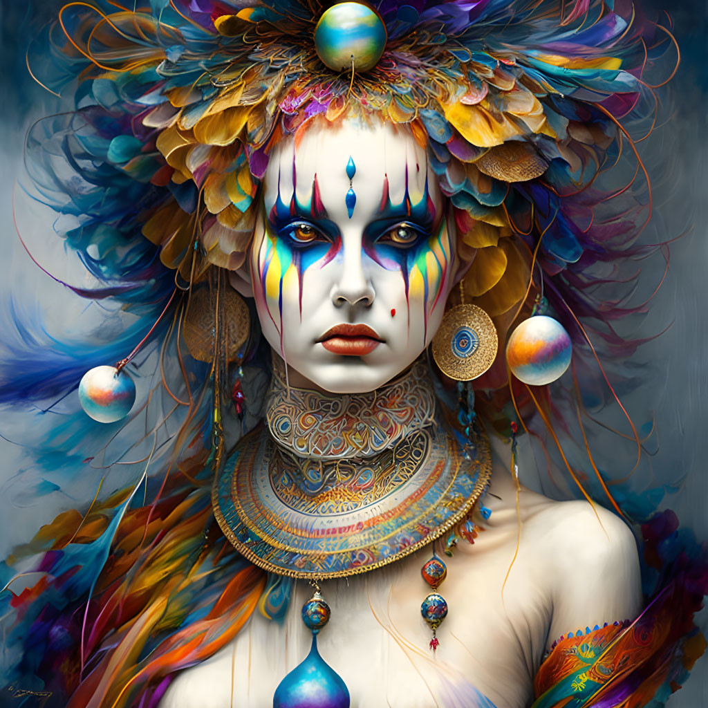 Colorful Woman Portrait with Feather Headgear and Jewelry