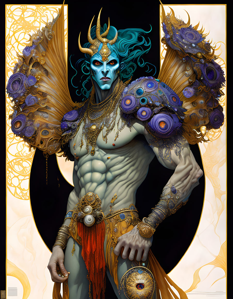 Blue-skinned figure in ornate attire with golden eyes and horns