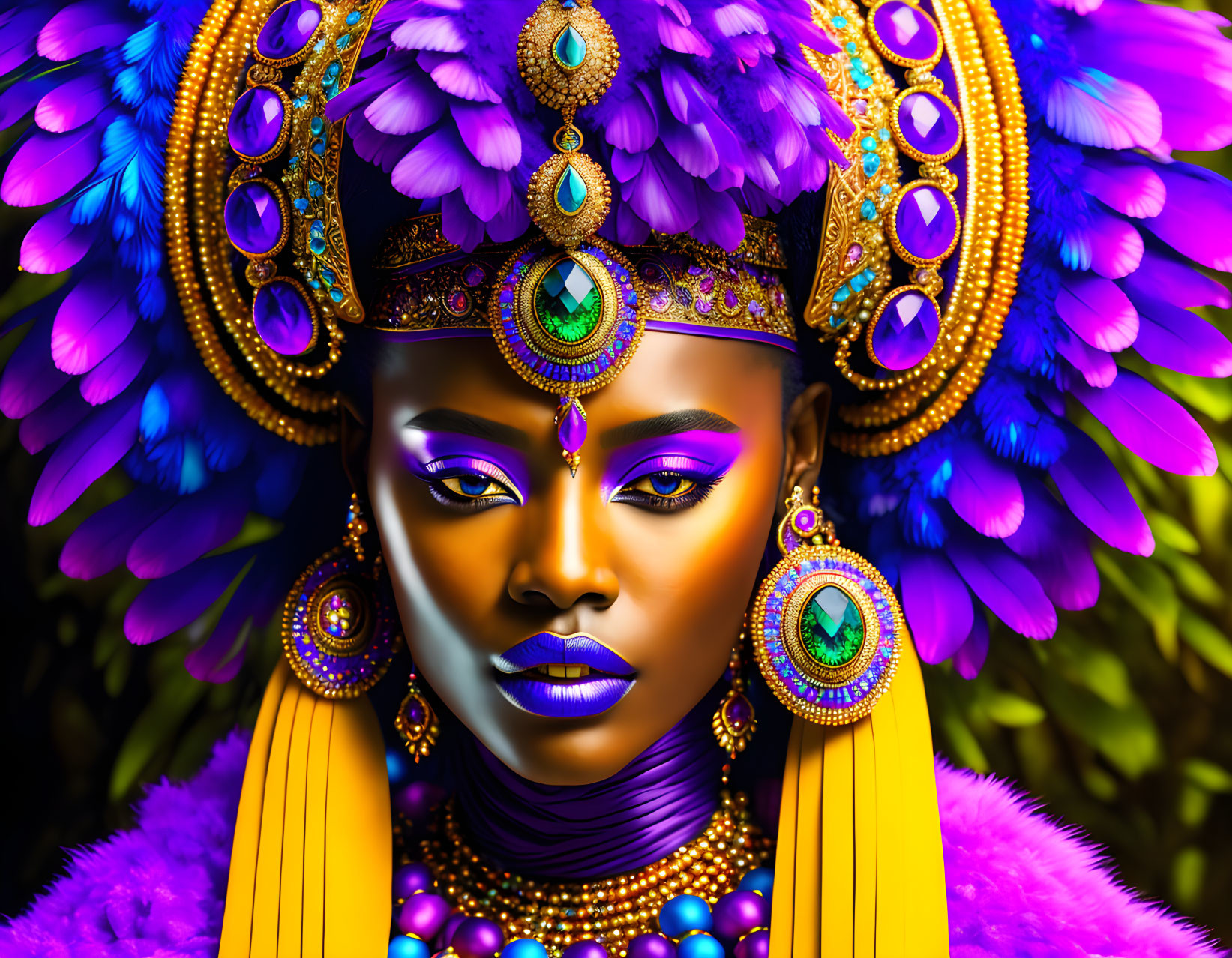 Vibrant purple and blue makeup with elaborate feathered headdress and jewels