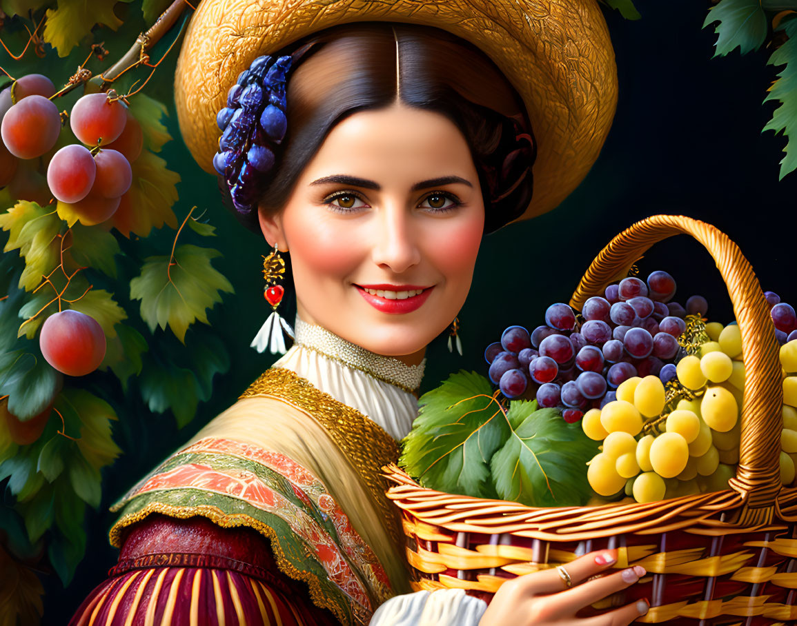 Smiling woman in traditional attire with grapes and grapevines.