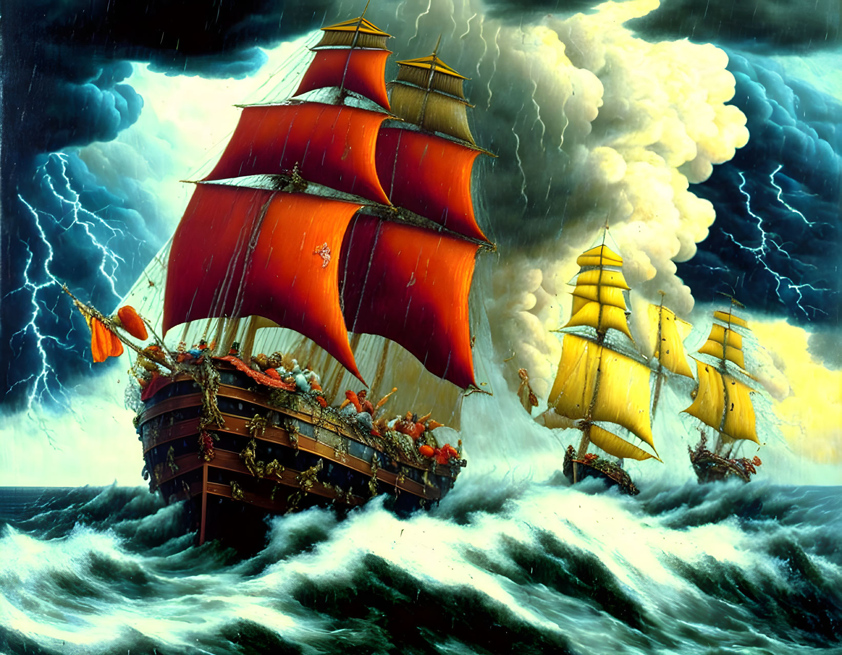 Stormy seascape with two sailing ships under red and yellow sails.