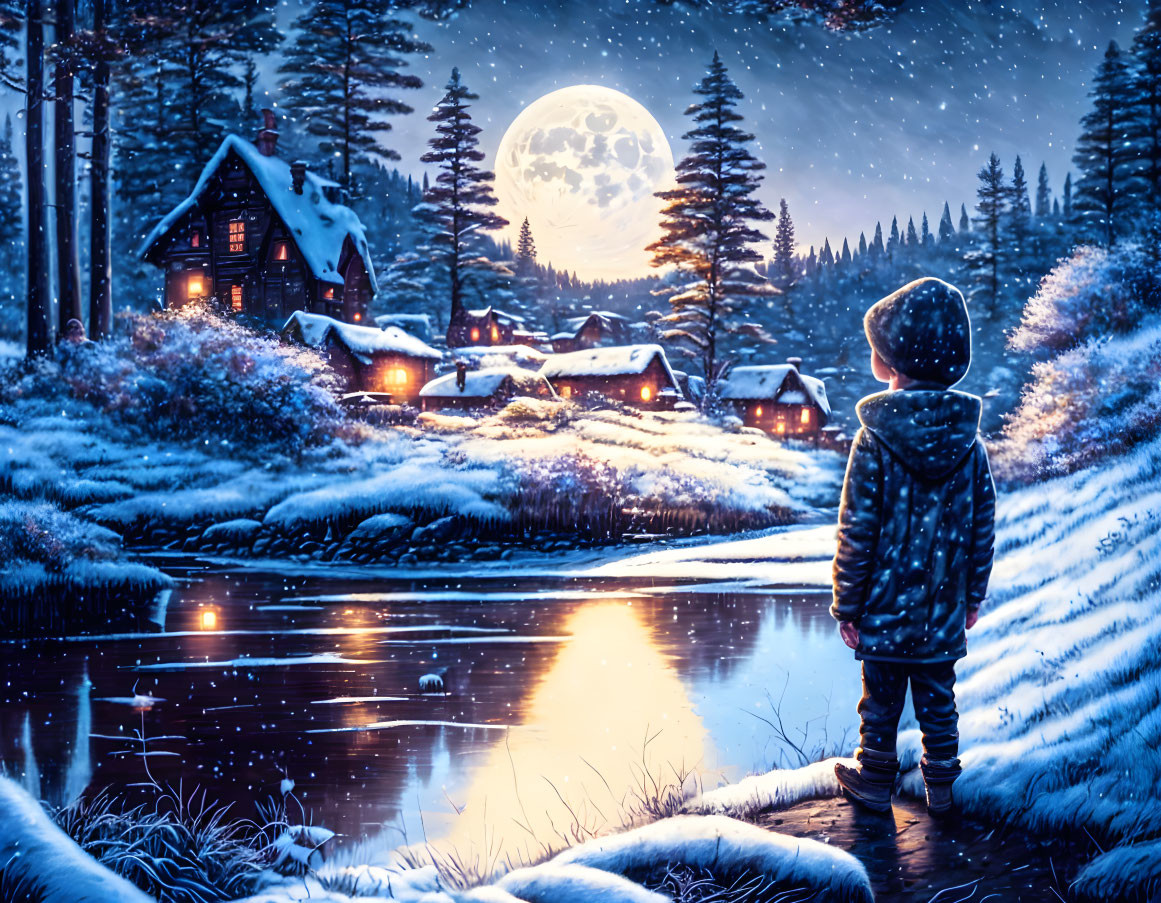 Child admires snowy winter night scene with moonlit houses and frozen river.