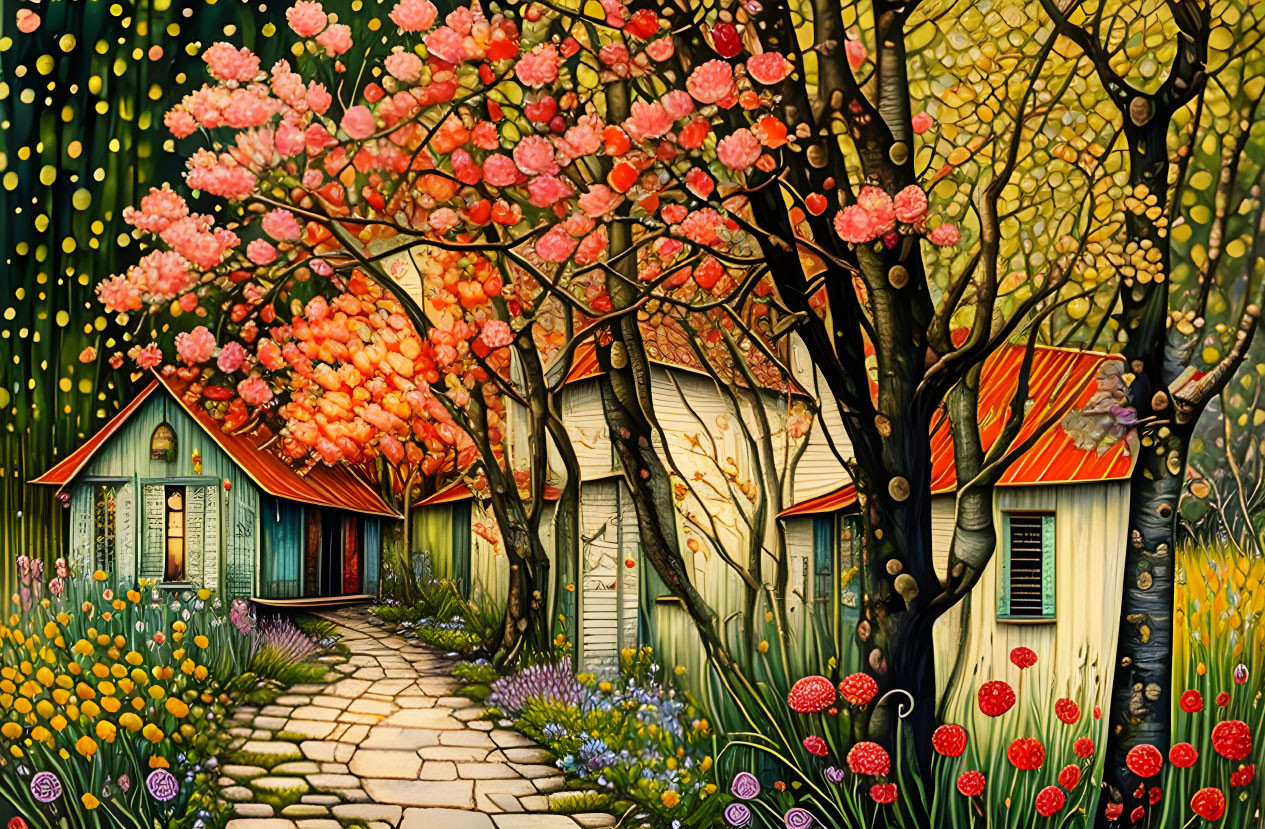 Colorful painting of cozy houses and lush flora under a pink blossom tree with whimsical light orbs.