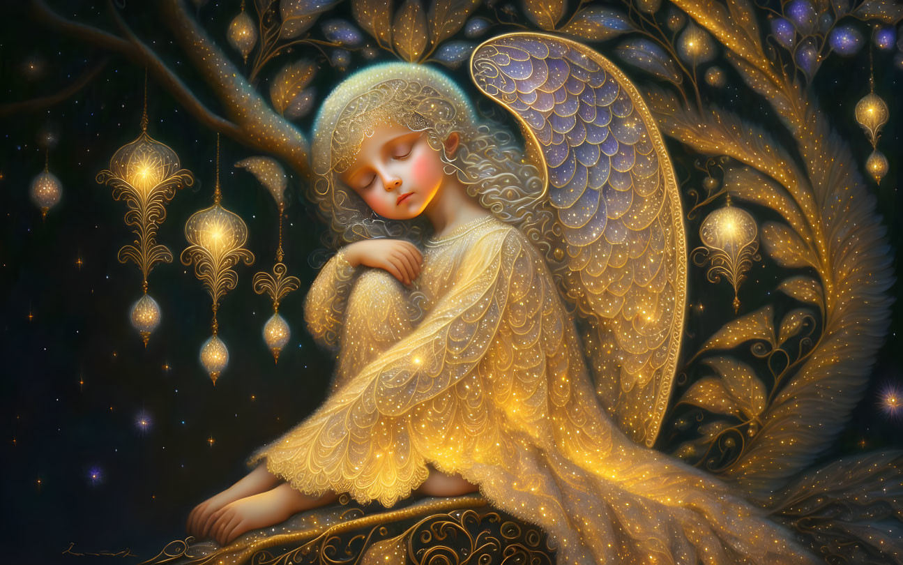 Sleeping angel with golden wings in mystical setting