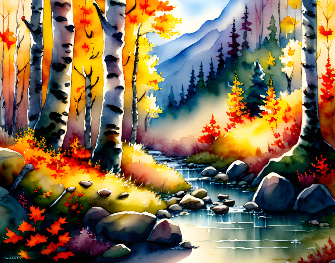 Colorful Watercolor Painting of Autumnal Forest Creek