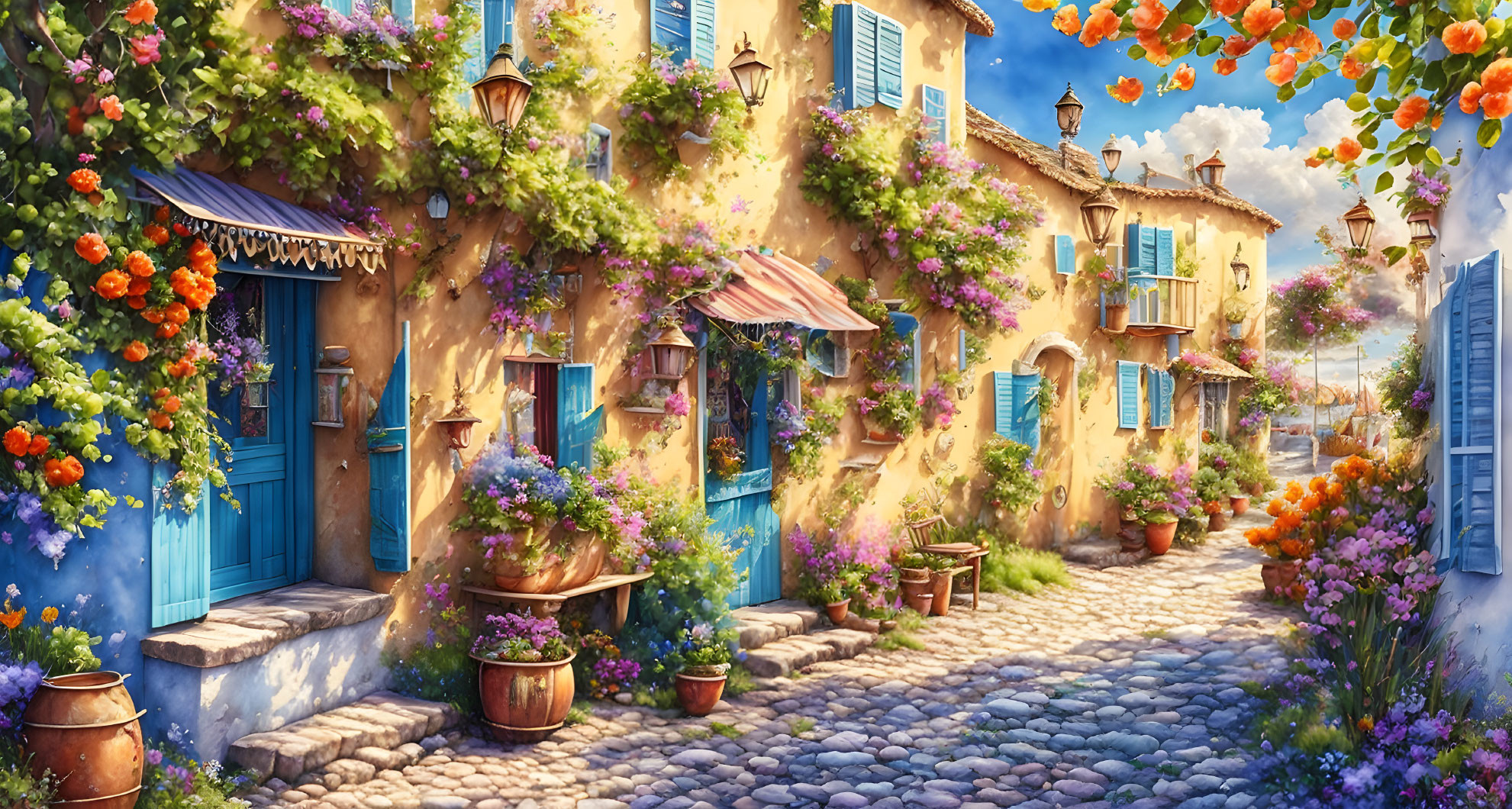 Charming cobblestone street with flower-adorned houses under sunny sky