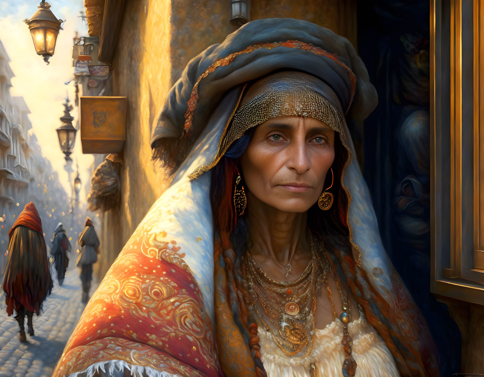 Woman in Headscarf with Ornate Clothing in Historical Street Scene