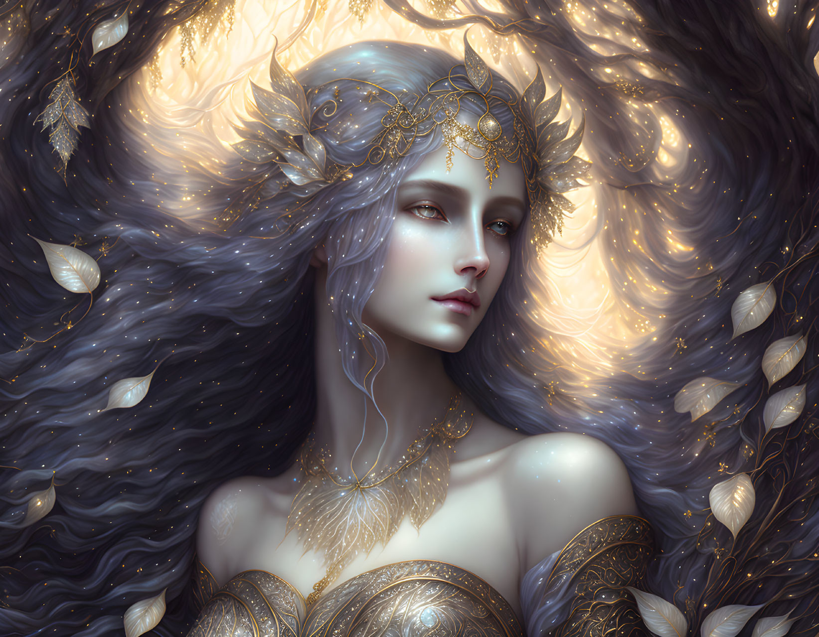 Mystical woman with long hair and golden jewelry among luminescent leaves