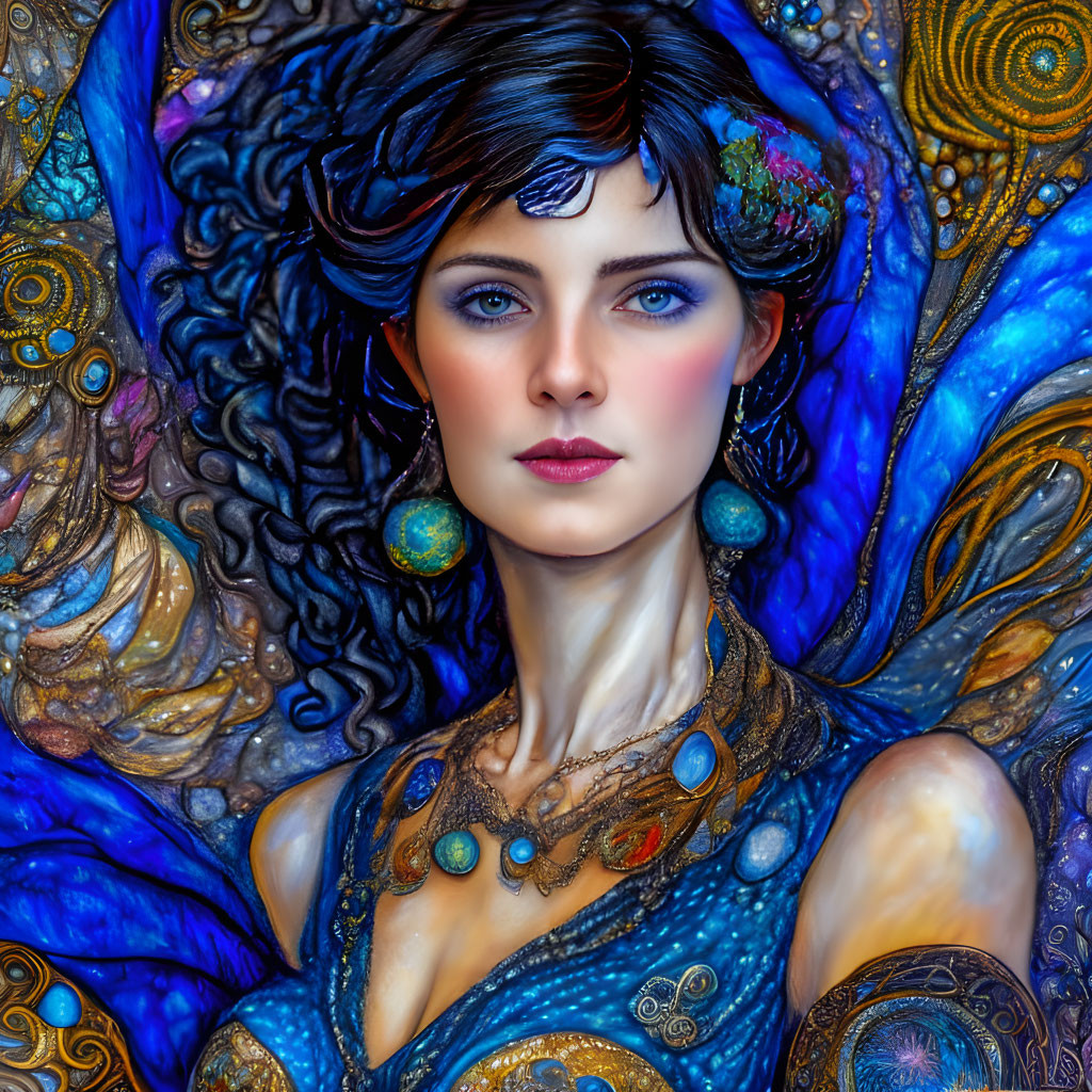 Ethereal woman with blue eyes in vibrant swirls and peacock feathers