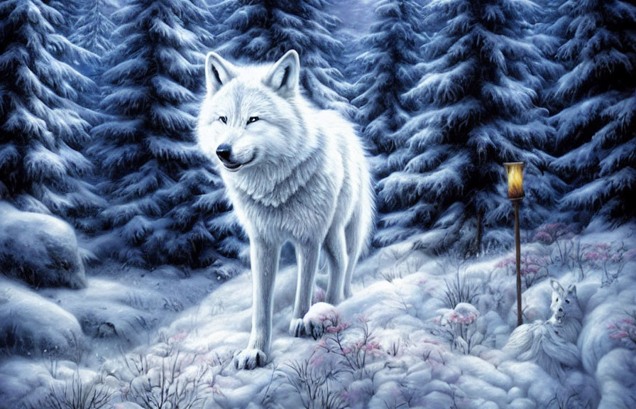 White wolf in snowy forest landscape with fir trees and light snowfall