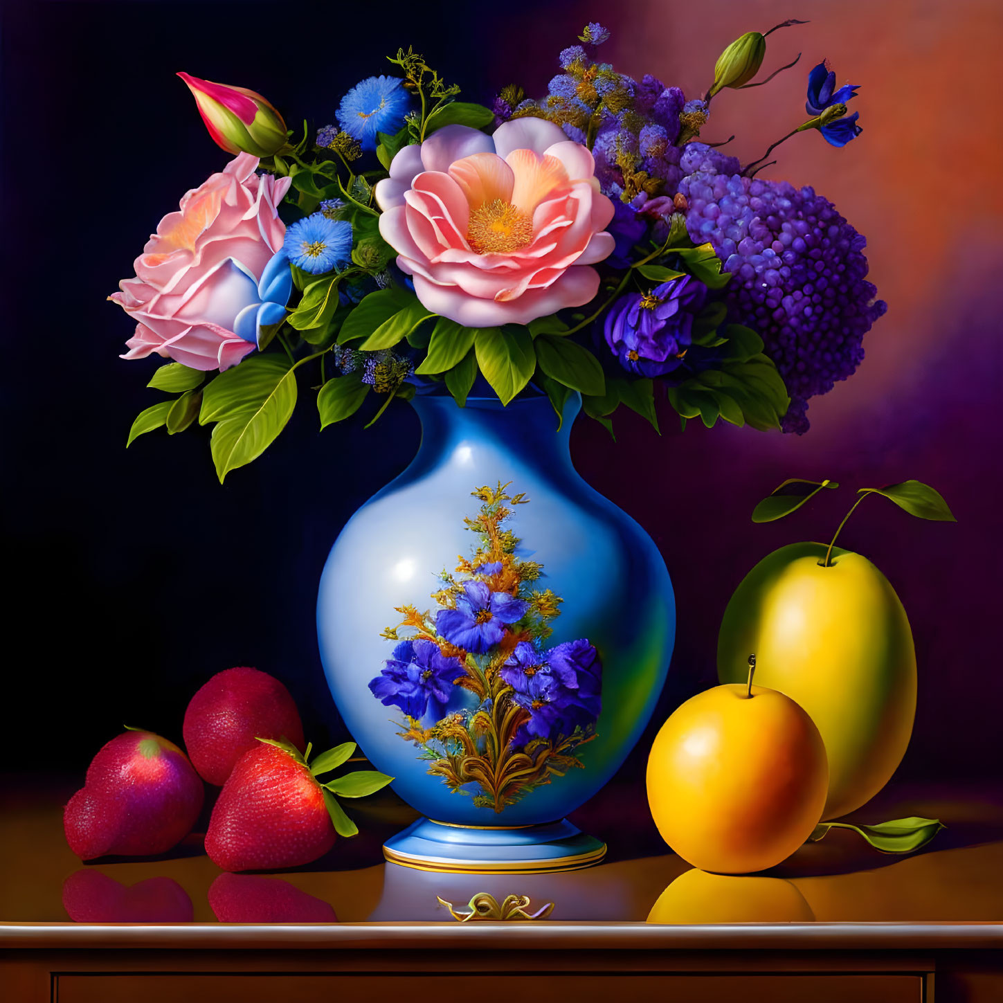 Colorful Still Life Painting with Blue Vase, Flowers, and Fruit on Reflective Surface