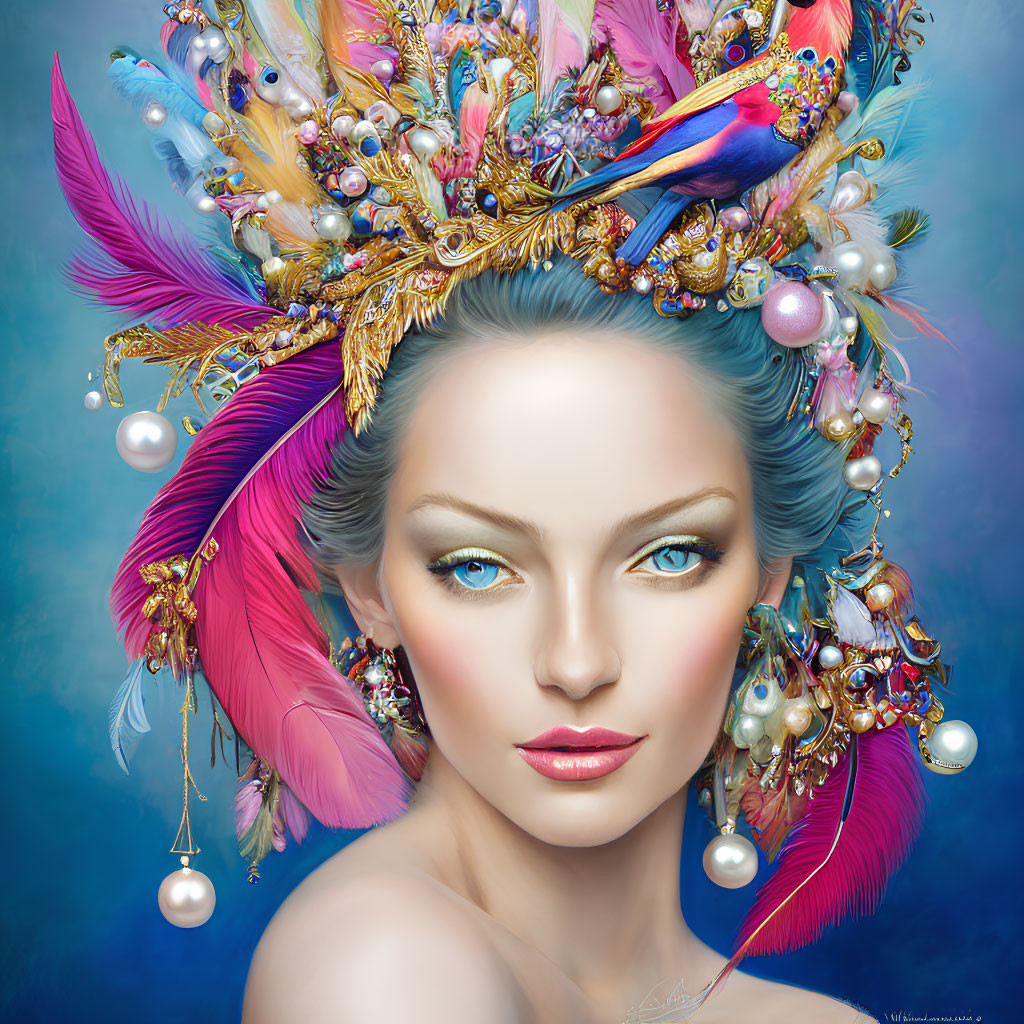 Colorful feathered headgear and striking blue eyes in digital portrait