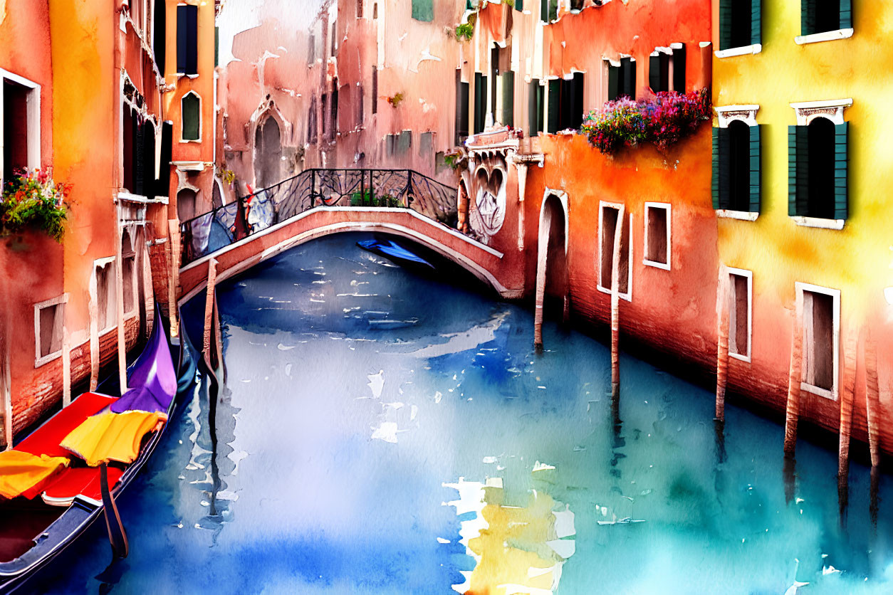 Colorful Watercolor Painting of Venetian Canal