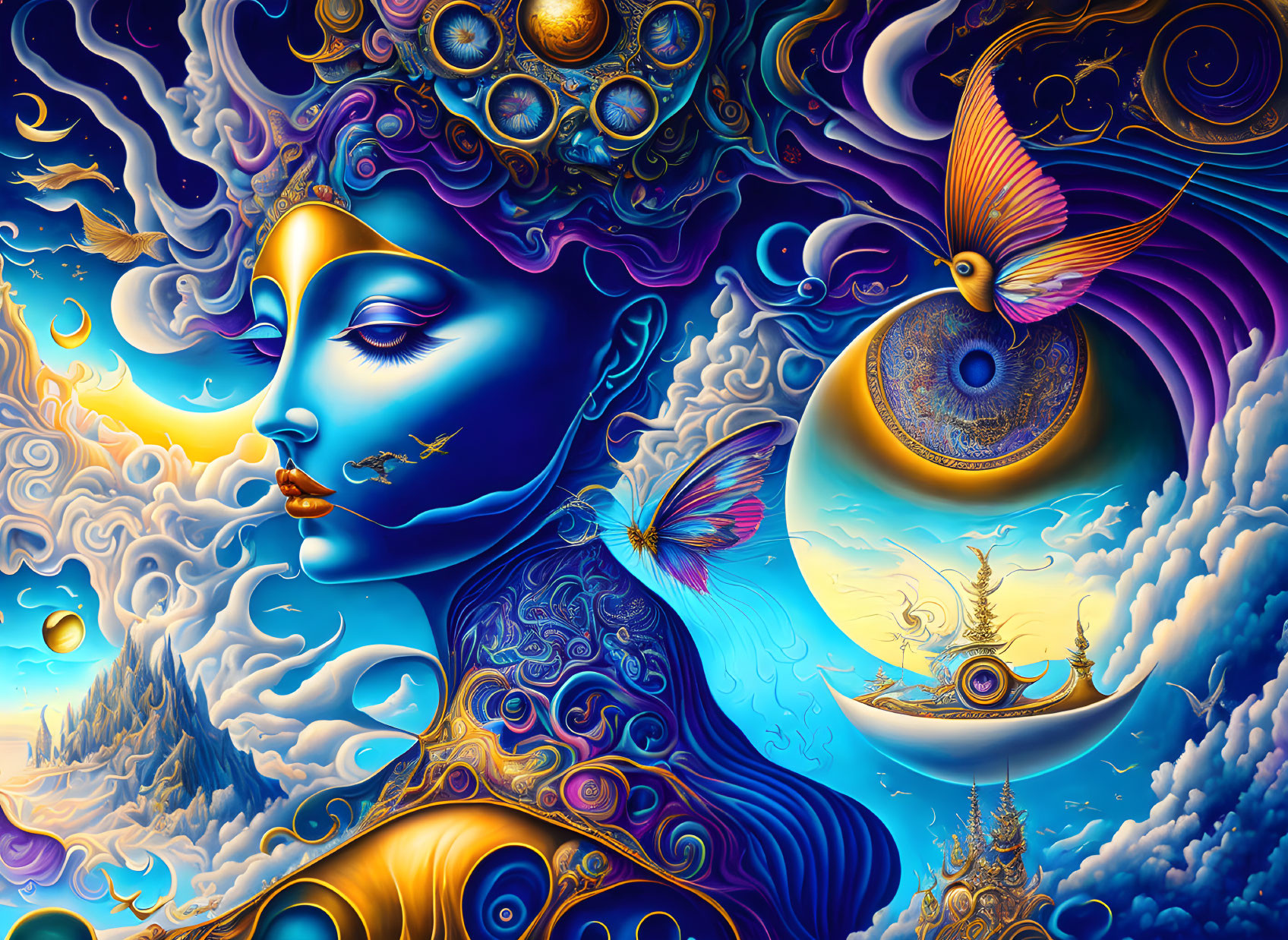 Colorful Psychedelic Illustration with Blue-Faced Woman and Celestial Landscape