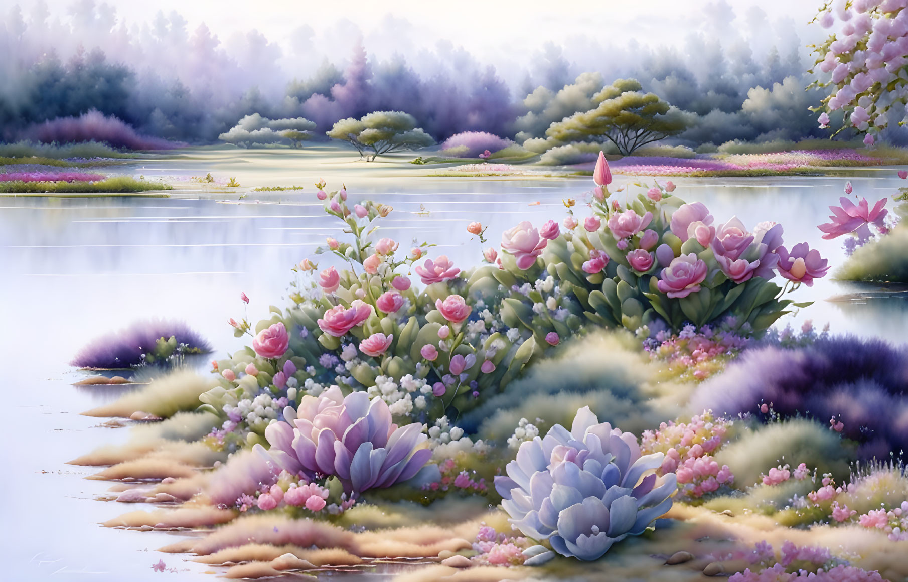 Serene landscape with lake, colorful flowers, and misty ambiance