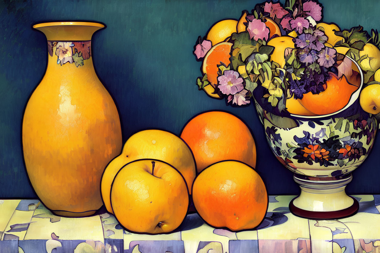 Colorful Still Life Painting with Golden Vase and Fruit Bowl