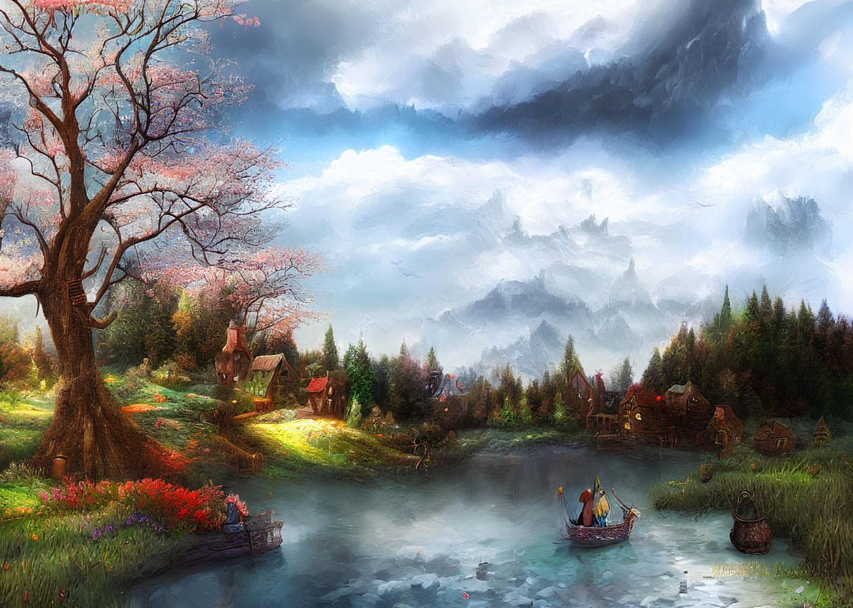 Scenic village by river with rowboat, flowers, and mountains