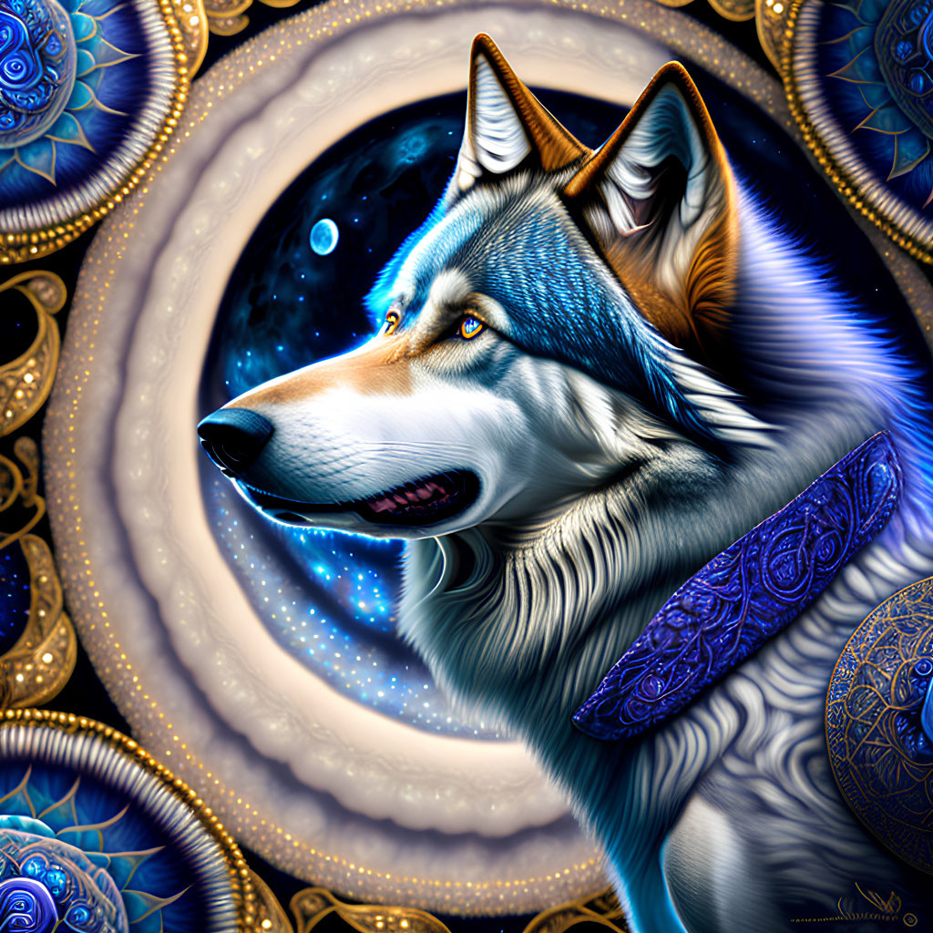 Detailed digital art: blue and white husky against cosmic backdrop