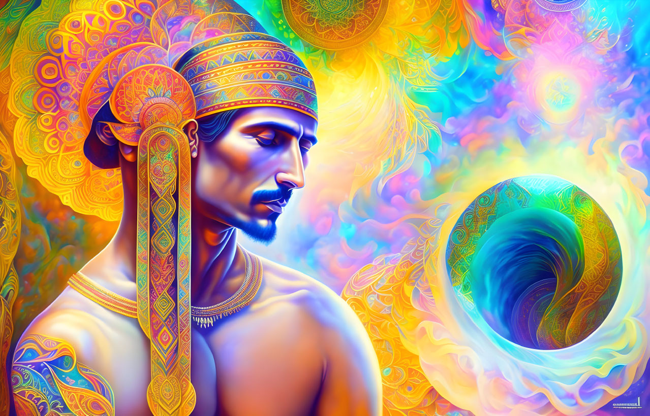 Colorful digital art of regal man with intricate headdress against psychedelic background