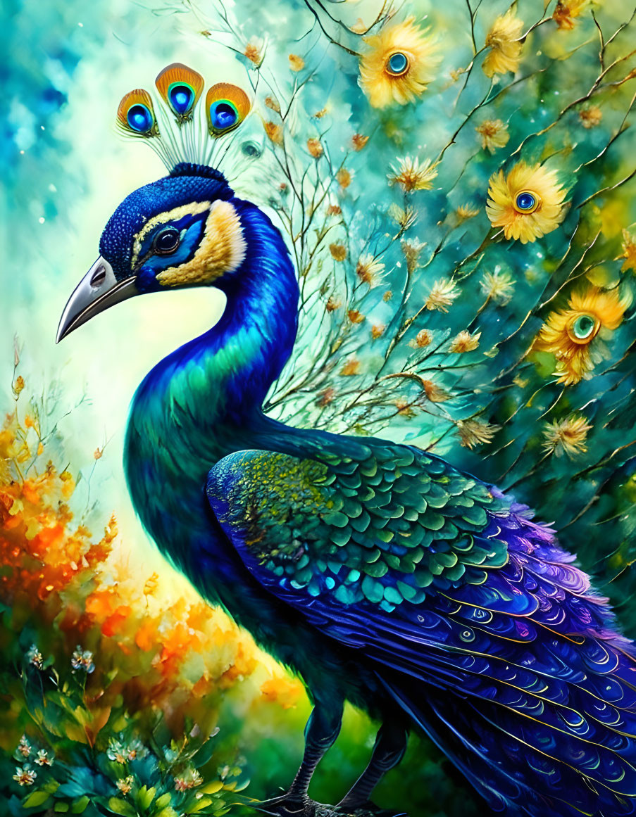 Colorful Peacock with Blue and Green Plumage in Lush Foliage