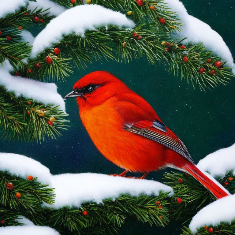 Red cardinal on snow-covered branch with red berries against dark background