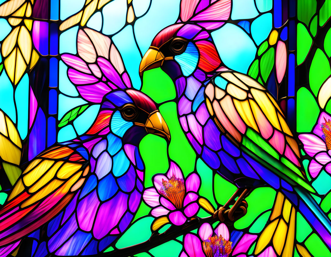 Vibrant birds and flowers in colorful stained glass design