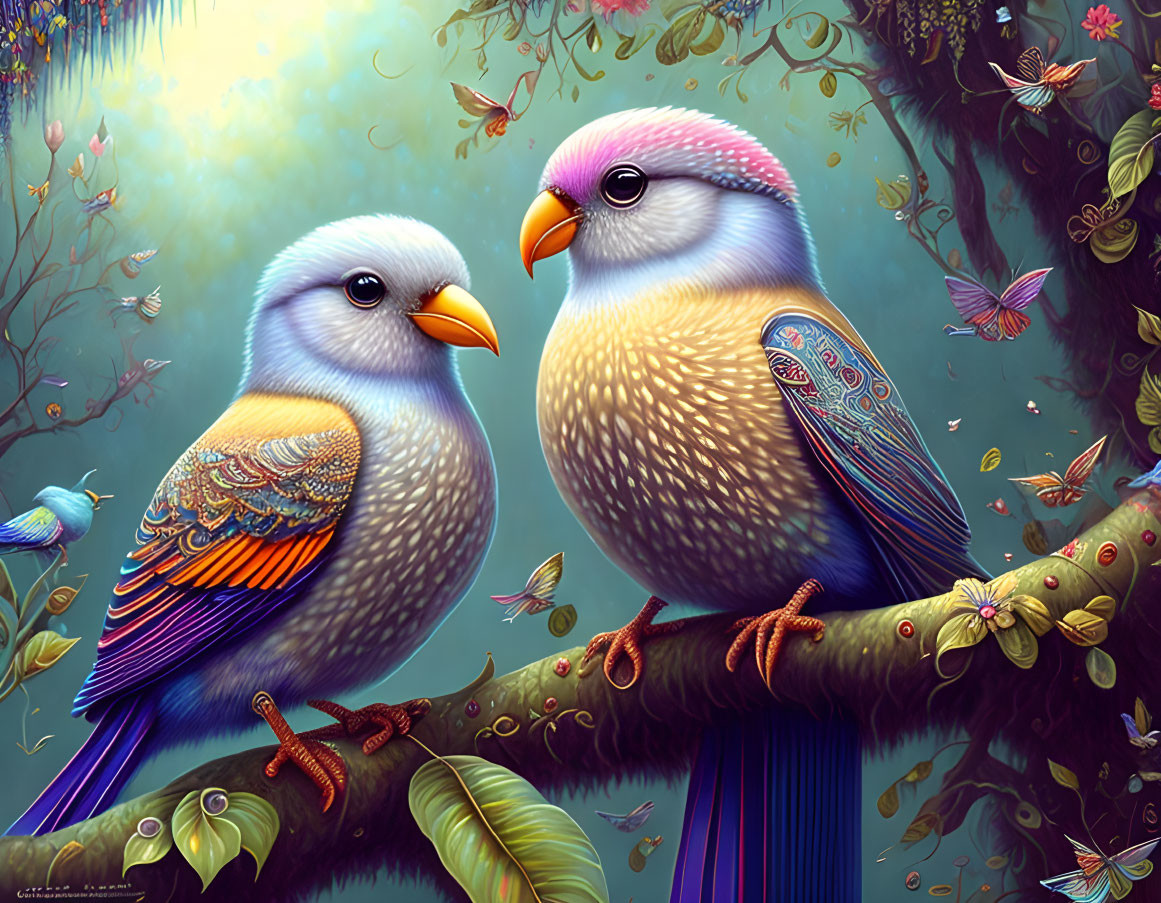 Colorful Birds with Intricate Feather Patterns in Mystical Forest Setting