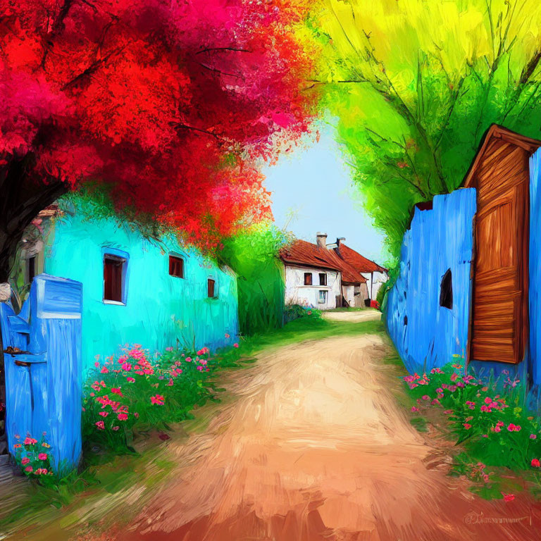 Colorful painting of quaint village lane with blue fences and white houses