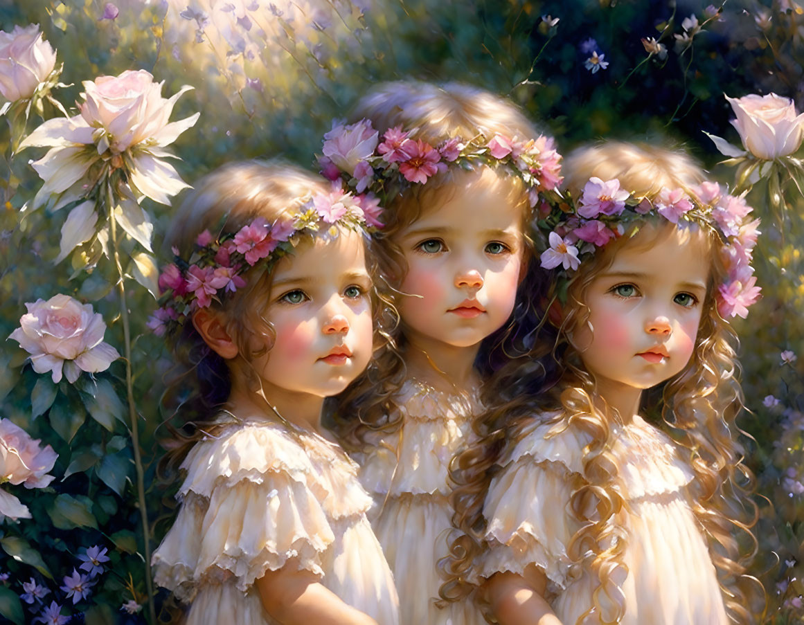 Three young girls with floral wreaths in their hair in a garden of blooming roses